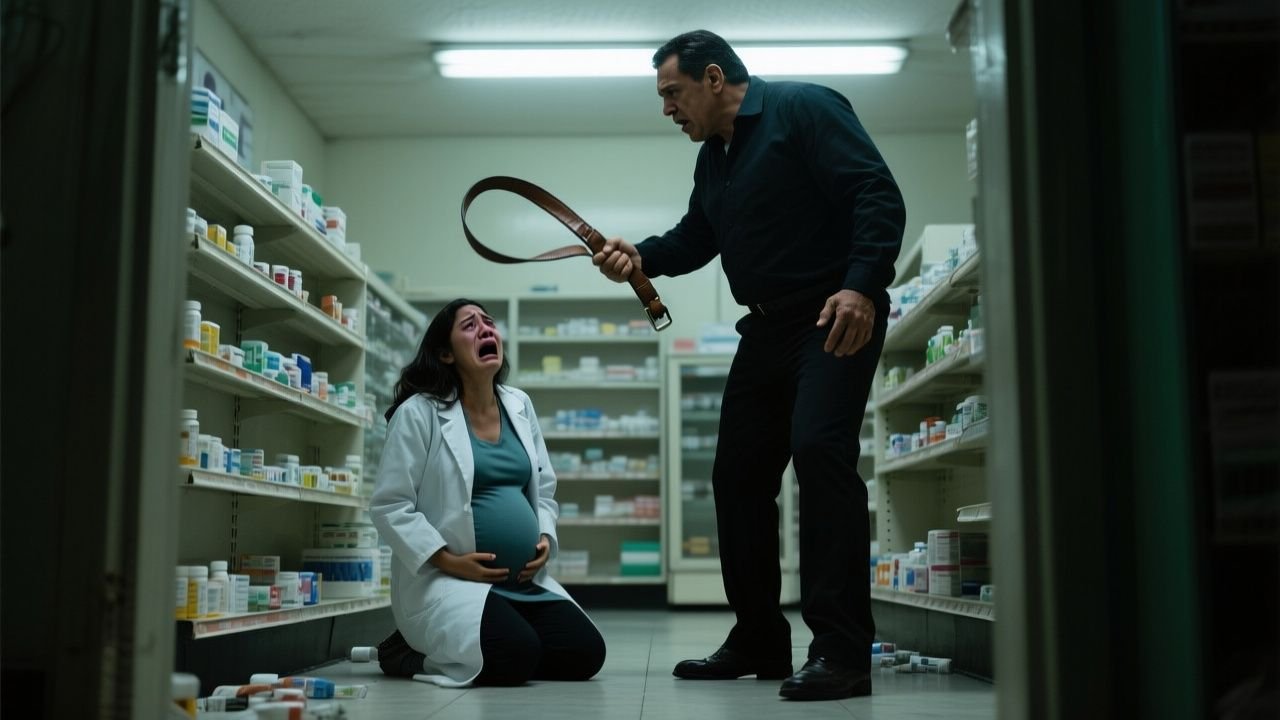 Padre protegiendo a su hija embarazada detrás del mostrador de una farmacia mientras enfrenta al agresor