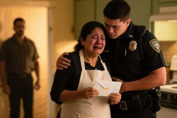 Policía abrazando a doña Mercedes en la cocina del comedor tras defenderla de su patrón abusivo