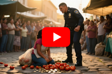 Vendedora de tomates en el piso del mercado junto a monedas y un permiso de venta, frente a un policía