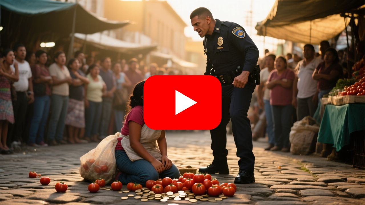 Vendedora de tomates en el piso del mercado junto a monedas y un permiso de venta, frente a un policía