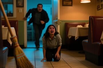 Padre protector entrando al restaurante familiar para defender a su hija maestra amenazada