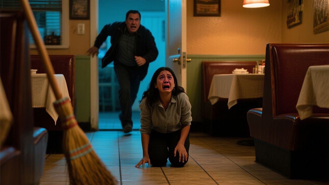 Padre protector entrando al restaurante familiar para defender a su hija maestra amenazada