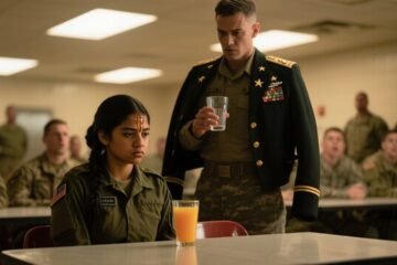 Recluta de pie con chaqueta militar mostrando estrellas de general en el comedor de la base