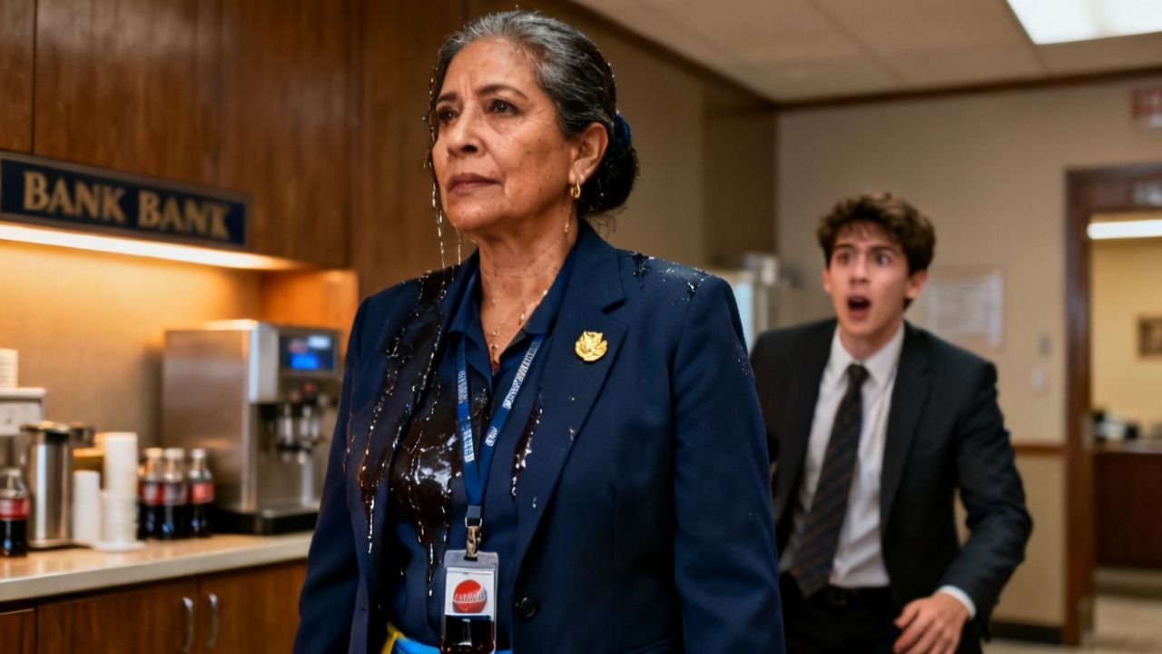 Doña Rosa con blazer y pin dorado del banco frente al comedor, después de que un ejecutivo le vaciara un refresco encima