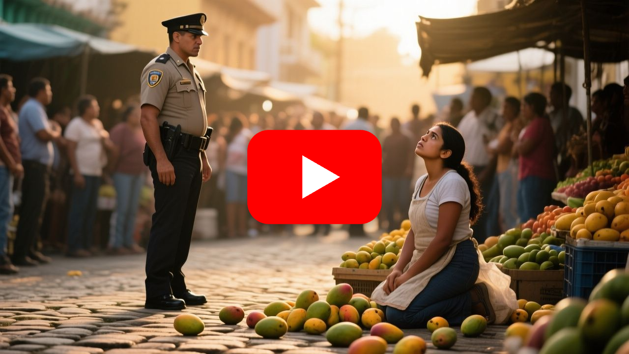 Joven vendedora de mangos con delantal azul en el puesto 47 del mercado de La Once