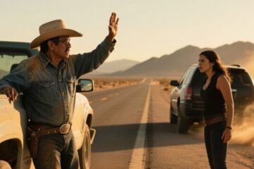 Ranchero de sombrero ala ancha detiene una camioneta en una carretera desértica para advertirle a Birma que no siga por ese c