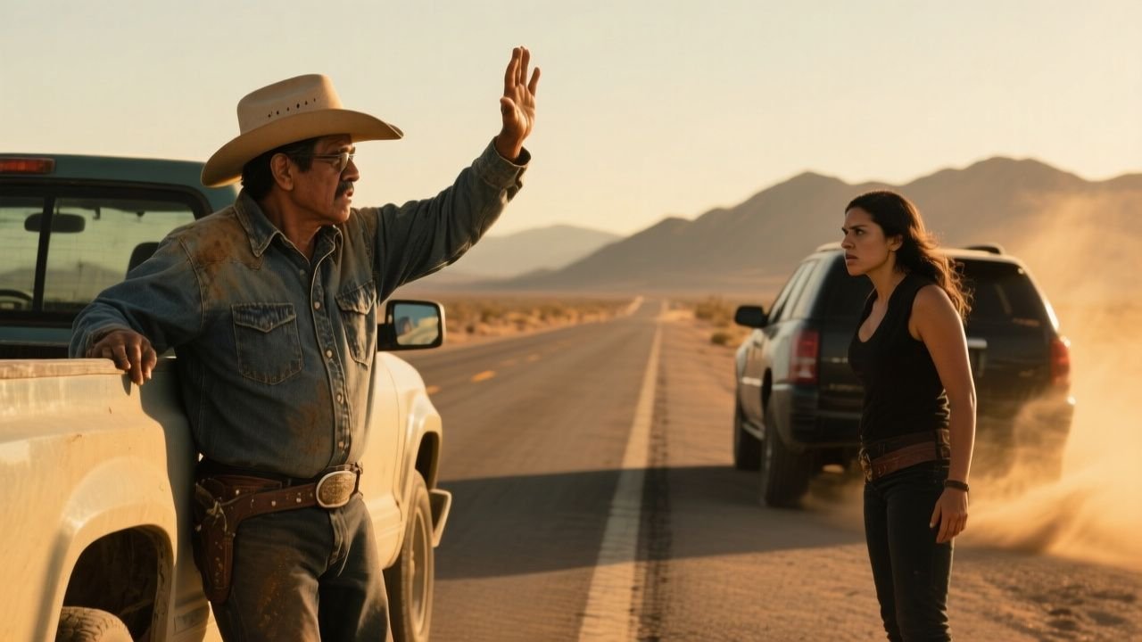 Ranchero de sombrero ala ancha detiene una camioneta en una carretera desértica para advertirle a Birma que no siga por ese c