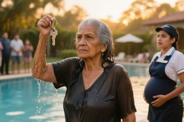 Doña Cuca, anciana vendedora de tamales, empapada junto a la alberca mostrando su llavero mientras los bañistas observan sorp