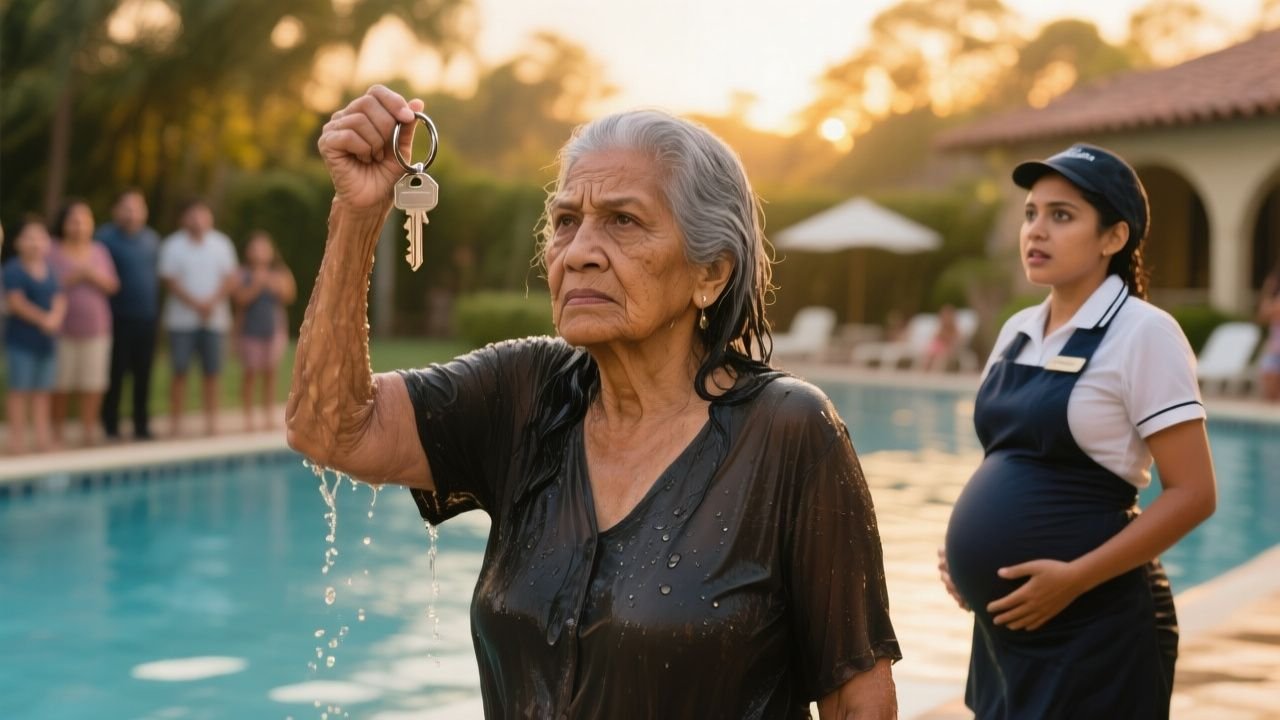 Doña Cuca, anciana vendedora de tamales, empapada junto a la alberca mostrando su llavero mientras los bañistas observan sorp