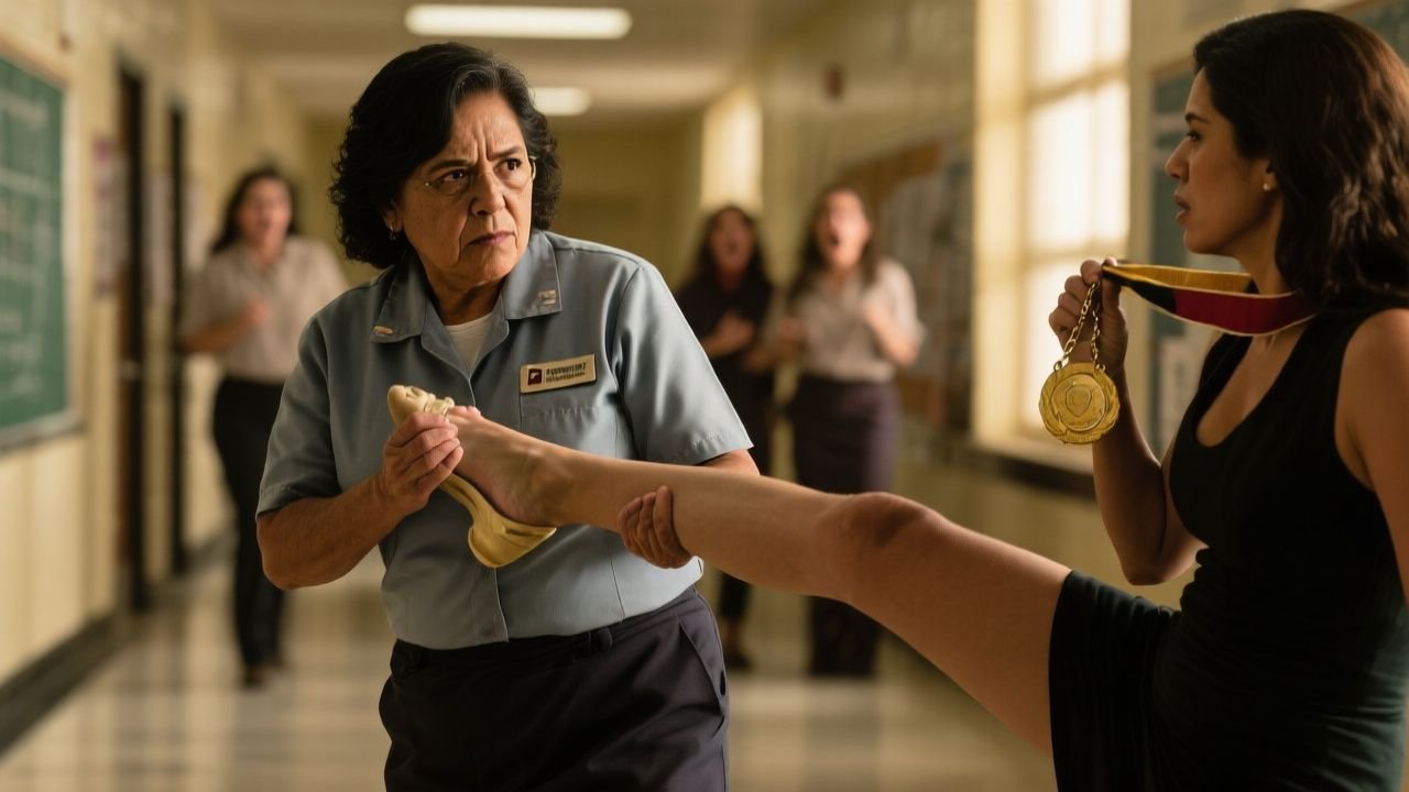 Conserje de colegio con uniforme azul sostiene una antigua medalla de oro con inscripción mientras una mujer con lentes de so