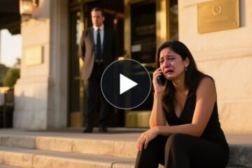 Mujer sentada en los escalones frente a la entrada de un restaurante elegante, con el teléfono en la mano tras ser expulsada