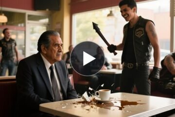 Hombre mayor de traje gris sentado tranquilo en la mesa 7 de una cafetería mientras un motociclista rompe su taza con un bate
