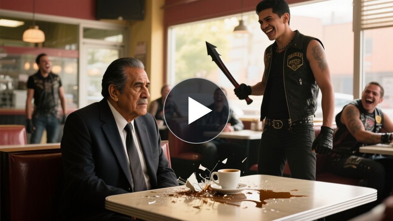 Hombre mayor de traje gris sentado tranquilo en la mesa 7 de una cafetería mientras un motociclista rompe su taza con un bate