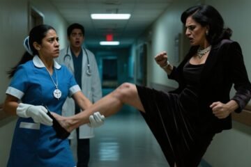 Medallita de bautizo de plata gastada con nombre y fecha, colgando de una cadenita fina bajo la luz del hospital