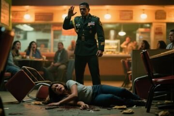 General con uniforme verde olivo deteniendo a un hombre que alza un cinturón contra una mujer en el suelo de una taquería
