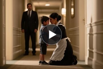 Niño pequeño llorando frente a una escultura de bronce mientras una empleada del hotel se arrodilla para consolarlo